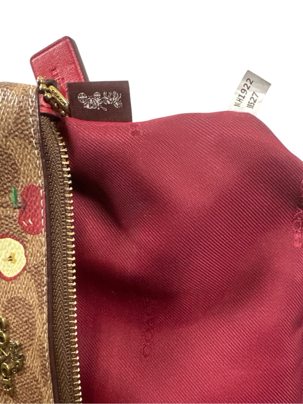 COACH Brown Signature Canvas Wristlet with Red & Cream Apple Print - Picture 10 of 11